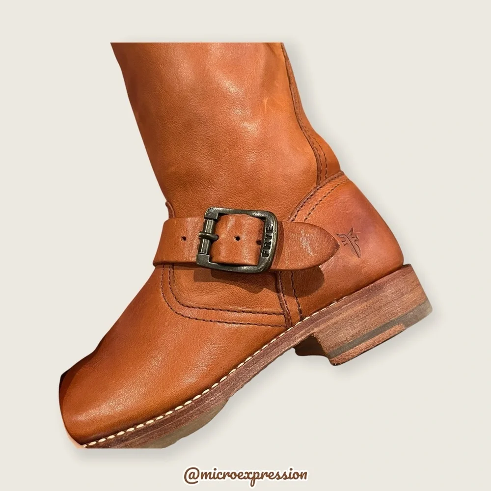 $399 Frye Veronica Slouch Cognac Brown Tan Leather Engineer Moto Tall BuckleBoot